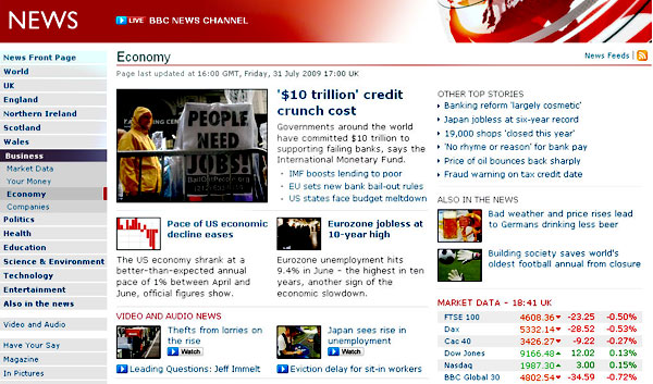 screenshot (90KB) : A snapshot of BBC Economy News stories as displayed on 31 July 2009