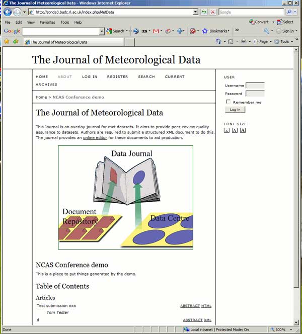 screenshot (52KB) : Figure 6 : The front page of the journal demo. There is a link from the front page and from the submission page to the overlay document editor