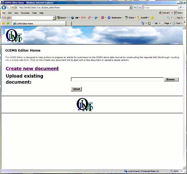 screenshot (38KB) : Figure 7 : The overlay document creation tool. This page is where a new document can be created either online or by uploading an existing document in the same format which has been created by other means