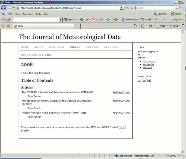 screenshot (36KB) : Figure 9 : After submission and review, the documents are viewable in the same ways as any other online journal. The contents of a demonstration journal issue are shown in this screenshot