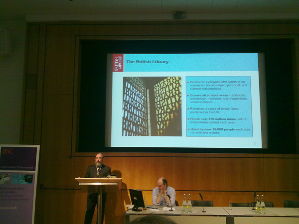 photo (91KB) : Adam Farquhar presenting at the Blue Ribbon Task Force on sustainable digital preservation and access, Wellcome Collection Conference Centre, London, 6 May 2010