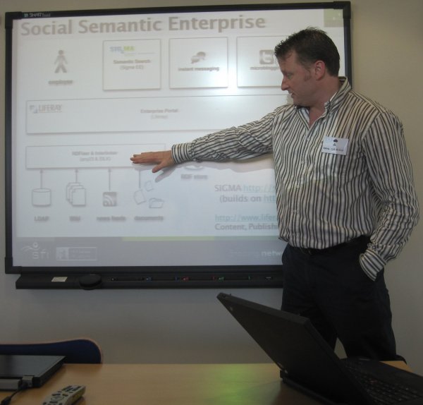 photo(46KB) : Sean O'Riain explaining the potential of Social Semantic Enterprise, photo: Tore Hoel