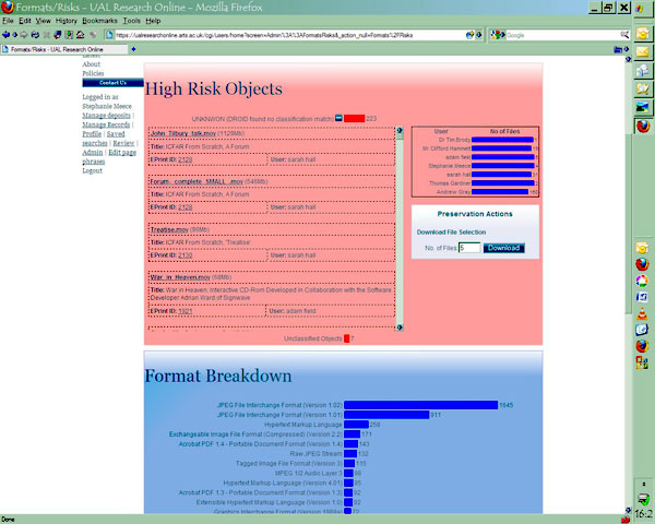 screenshot (66KB) : Figure 5 : High-risk objects (top level examples) in UAL Research Online Repository. This profile was generated by the repository staff from the live repository using the installed tools. (Date 13 September 2010.)
