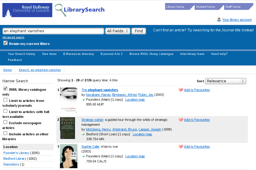 Figure 4: Summon Search results displayed in Vufind