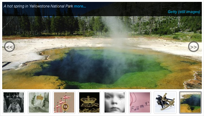 Figure 2: Home page montage from JISC MediaHub, giving a flavour of the kinds of resources available. The main image, of a hotspring in Yellowstone National Park, is from the Getty (Still Images) Collection.