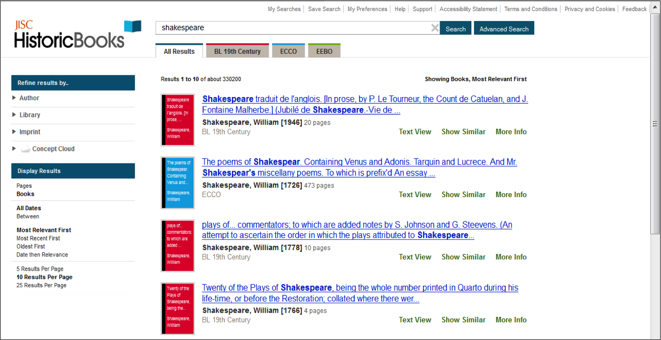 Figure 6: Search results display for JISC Historic Books, showing option to filter by colour-coded tabs (see detail) representing each collection within the platform 
