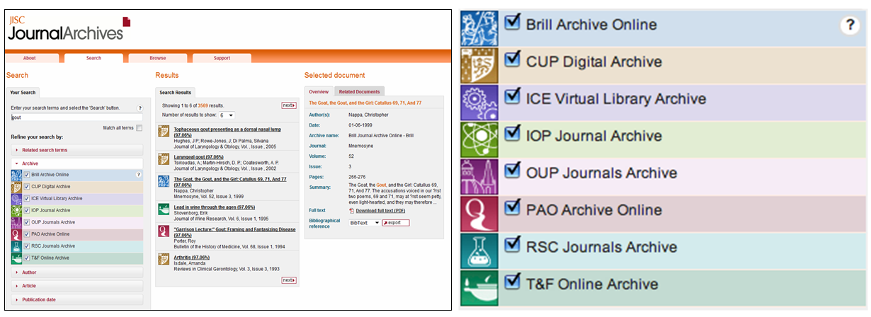 Figure 7: Search results display for JISC Journal Archives, showing ability to filter by graphic icons (right) representing each collection within the platform 