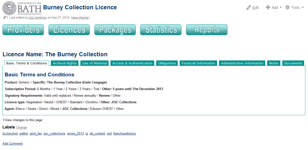Figure 2: Example of a wiki page showing the licence terms for a resource