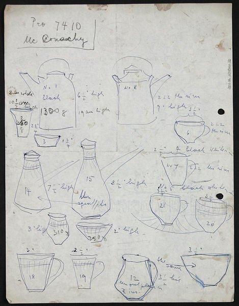 Figure 4: Lucie Rie, Loose sheet with sketches of pots in blue biro.  Lucie Rie Archive, Craft Study Centre